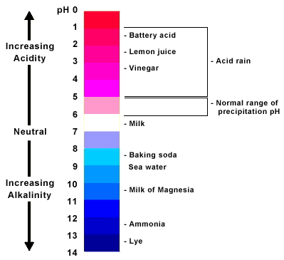 The pH scale from zero to fourteen value